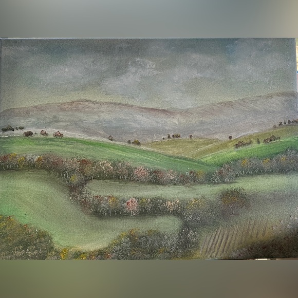 Handmade Other - Tranquil Green Hillside Canvas Painting